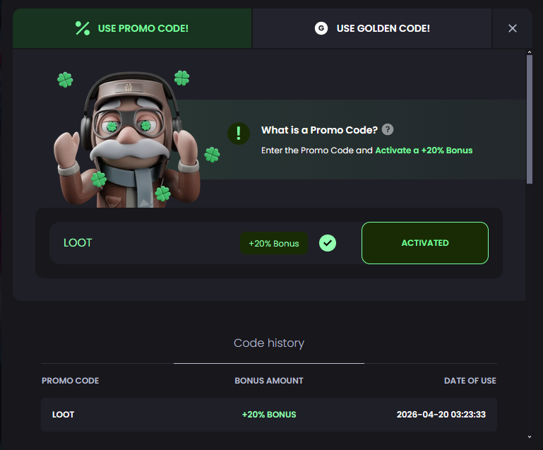 Key-Drop deposit page with promo code field highlighted, code LOOT entered