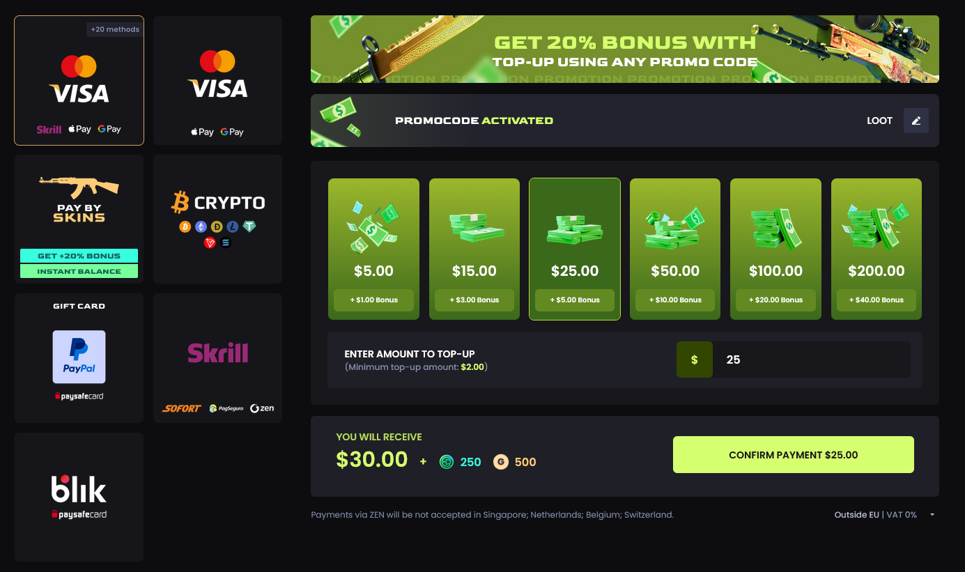 Key-Drop payment selection screen showing Visa, Bitcoin, PayPal options with $100 deposit and $120 balance after 20% bonus