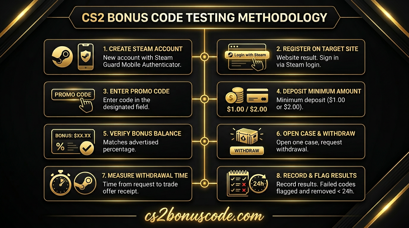 Flowchart of CS2BonusCode promo code testing methodology: fresh account creation, code entry, deposit, balance verification, withdrawal test