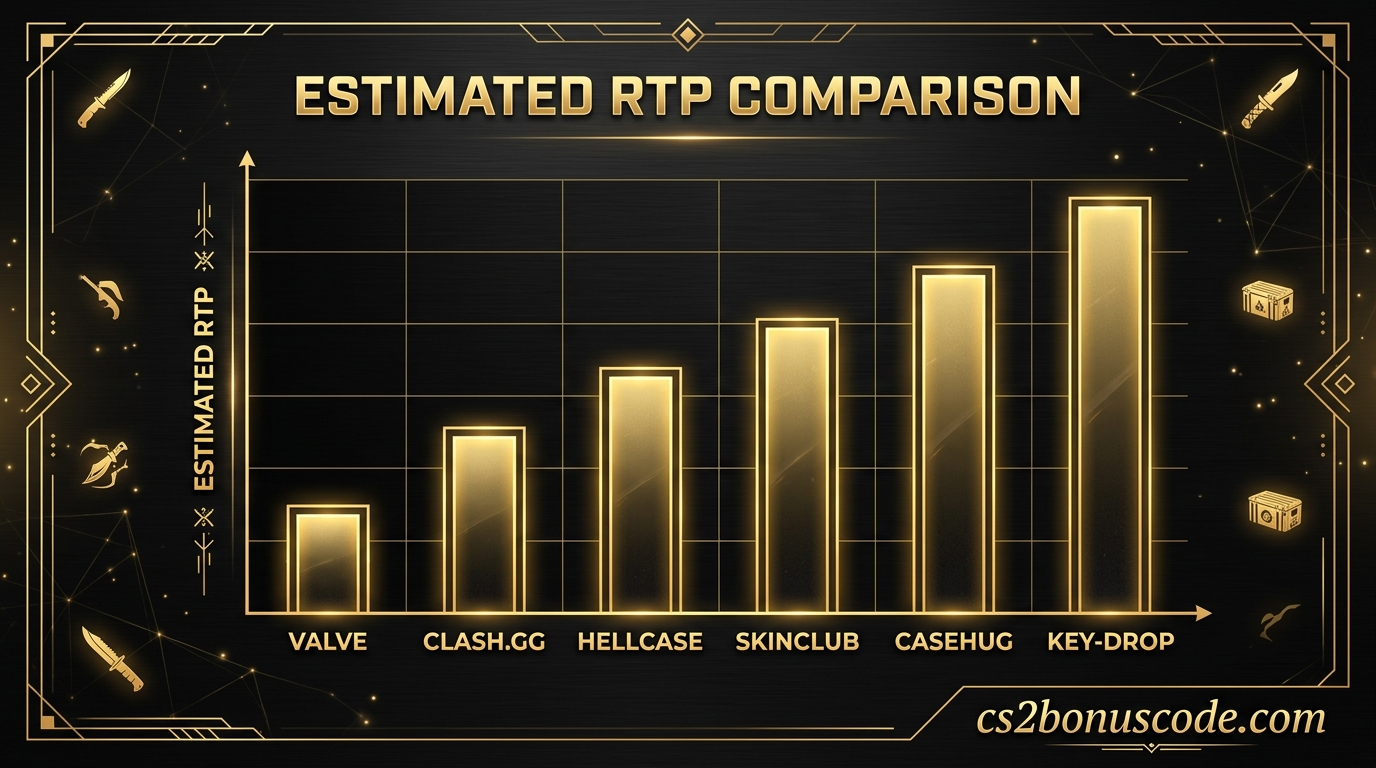 Bar chart comparing Valve's estimated 40-60% RTP against Key-Drop (89.0%), Hellcase (82.1%), Clash.GG (84.3%), and SkinClub (83.5%)